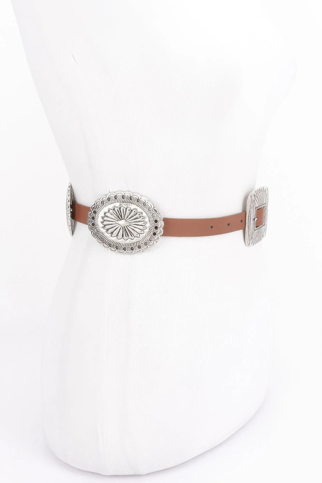 Faux Leather Western Style Multi Metal Belt