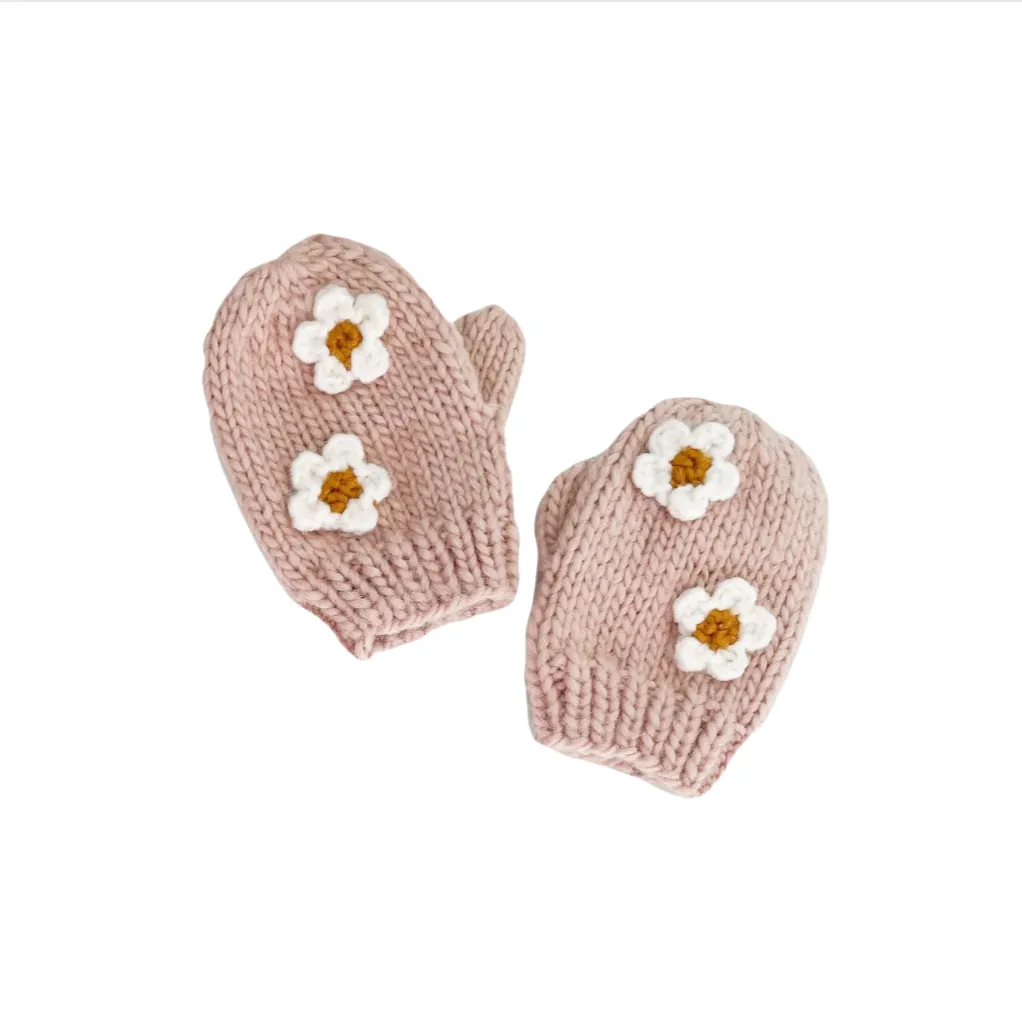 Hand Knit Flower Mittens - Blush by The Blueberry Hill