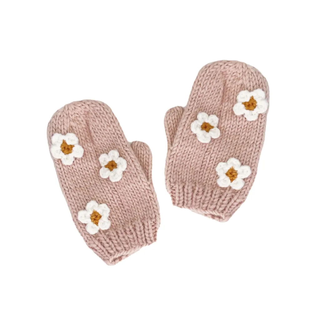 Hand Knit Flower Mittens - Blush by The Blueberry Hill