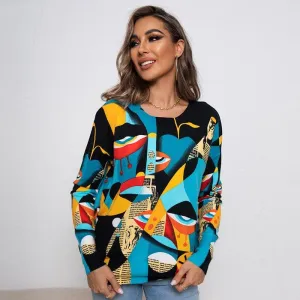 Printed Round Neck Pullover Knitted Sweater